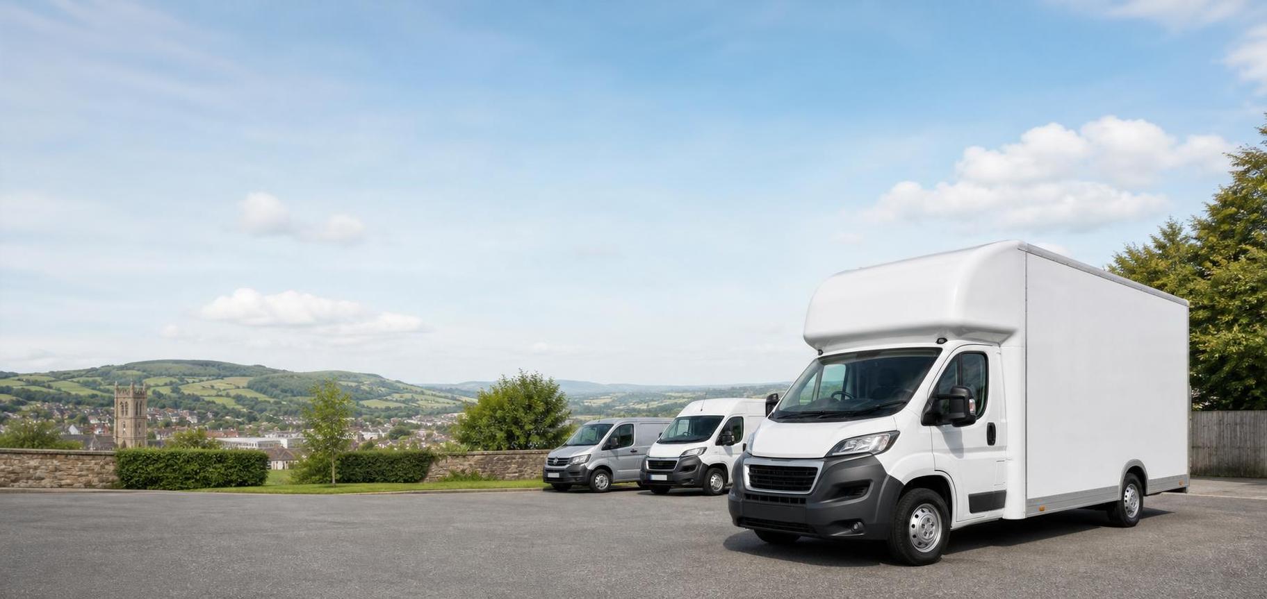 Clean vehicle hire fleet led by a white Luton van in Carmarthen with open space for homepage text.